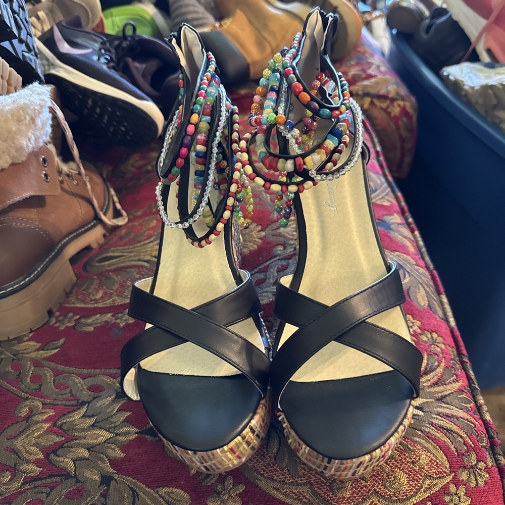 GetmoreBeauty Wedge Women's Sandal Heel Multicolor-Beads Sz 10